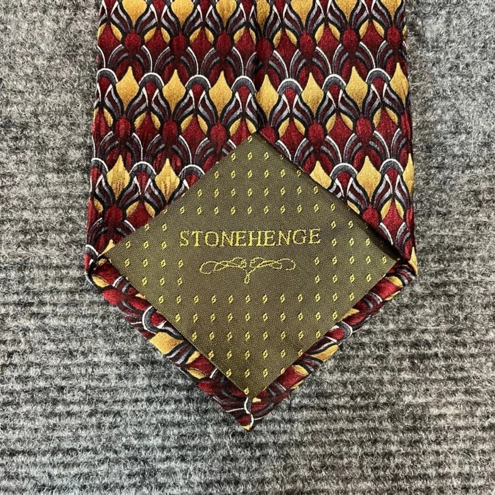 Stonehenge Mens Silk Tie Burgundy Gold Geometric Pattern Handmade Necktie